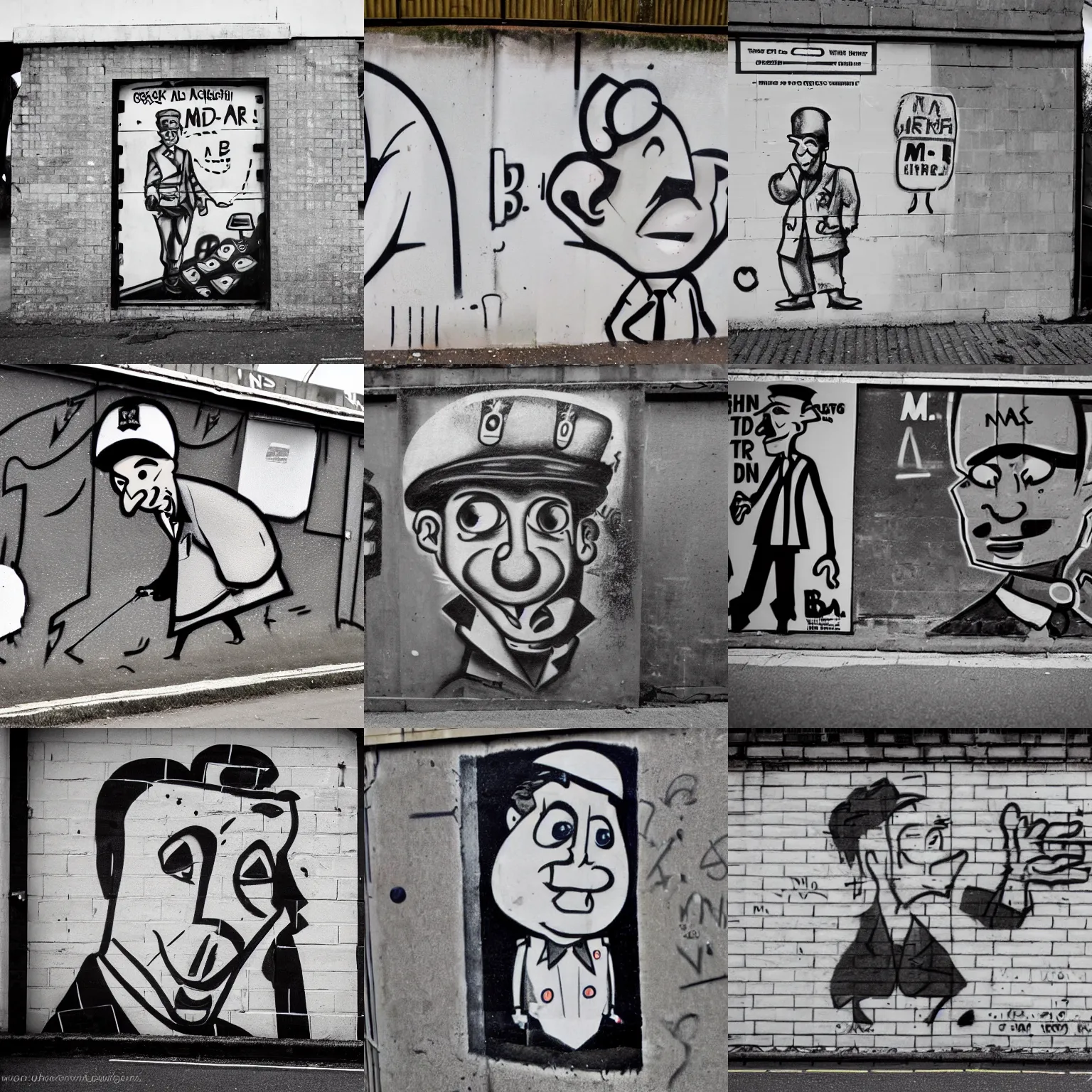 Prompt: a b + w graffiti of mr chad, the uk ww 2 wartime rationing caricature, found on a road underpass in suffolk