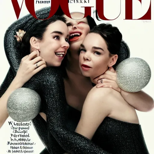 Image similar to stunning vogue magazine photo of dark - haired goddesses vanessa kirby, hailee steinfeld, and bjork smiling, legs intertwined, in a bubble bath, with wet faces!!, wet lips, smooth skin, perfect eyes, insanely detailed, elegant, by wlop, rutkowski, livia prima, mucha, wlop,