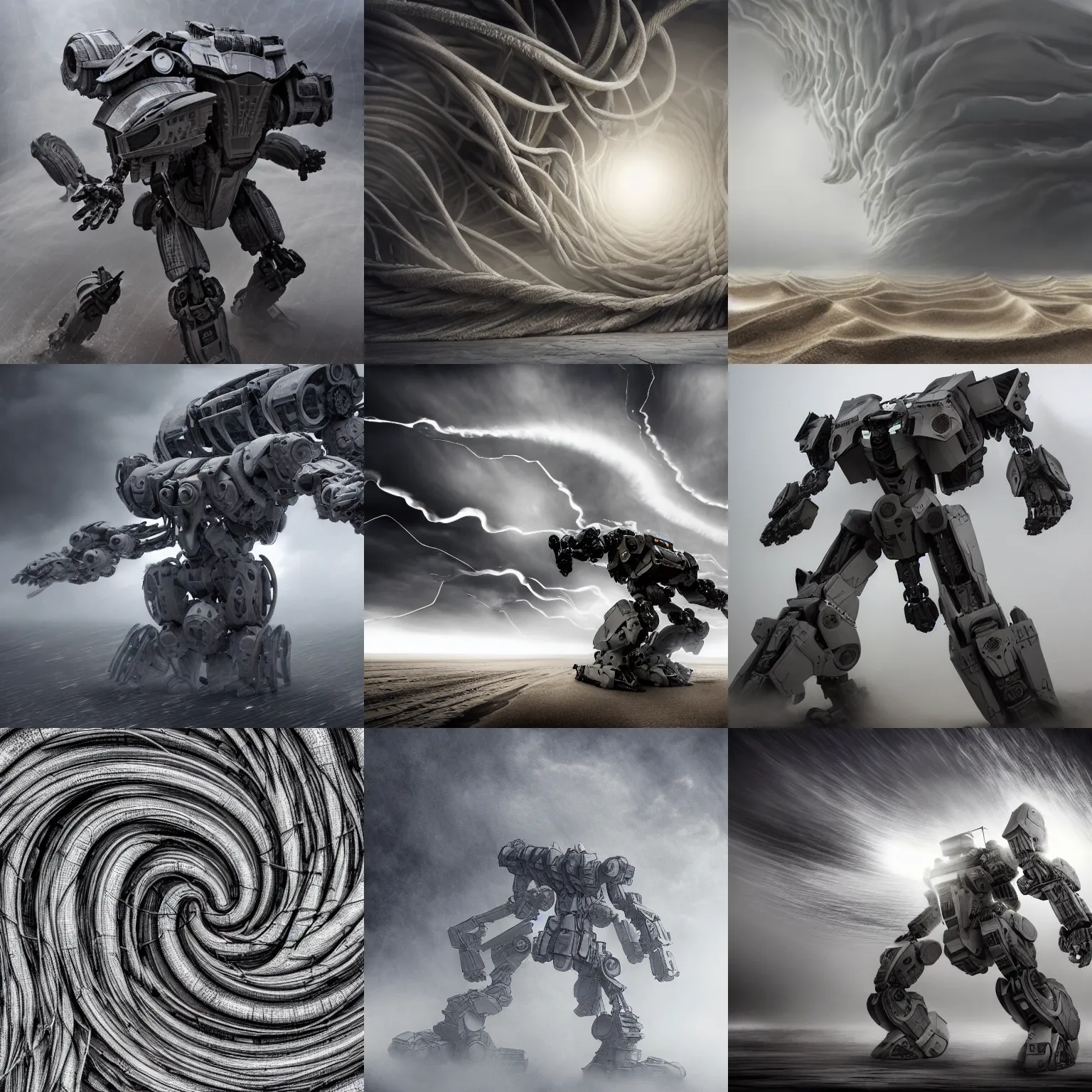 Prompt: massive interwoven gray sandstorm swirling, rotating, spinning whirlwind, intertwined surrounding a ruin humanoid mech trunk, sandstorm, windstorm, winter storm, turnado, armored core trunk, pacific rim jaeger, gear, wire, screw, nut,