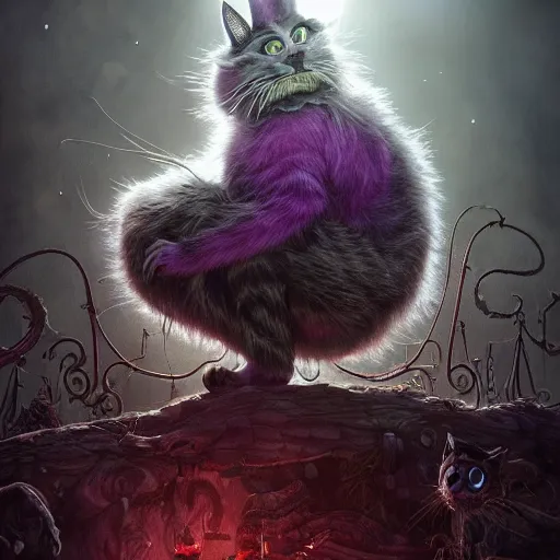 Prompt: The Cheshire Cat at the Dark Carnival, highly detailed, artstation, intricate, smooth, sharp focus, dark, horror, illustration, art by greg rutkowski and Yuumei, good clear quality, lighting, biology, symmetrical artwork, perfect face, 135 mm, cinematic, hyper realism, high detail, octane render, 8k, crimson highlights