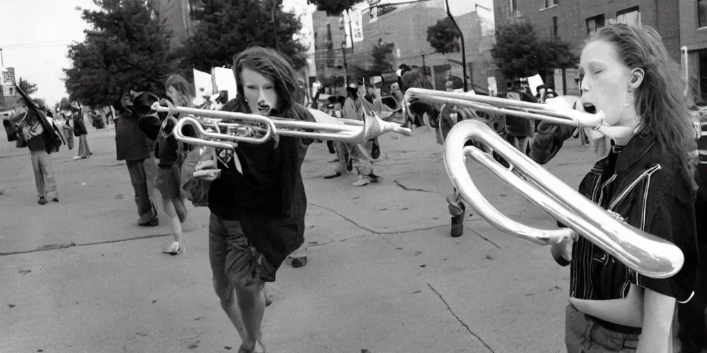 Image similar to a fiery redhead teen plays the trombone in the streets of a kansas city in 1990