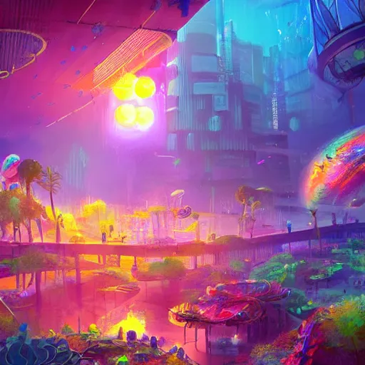 Image similar to a utopian city, filled with extremely colorful fauna, with bubbles floating around everywhere, dynamic lighting, fantasy concept art, trending on art station, stunning visuals, creative, cinematic, ultra detailed