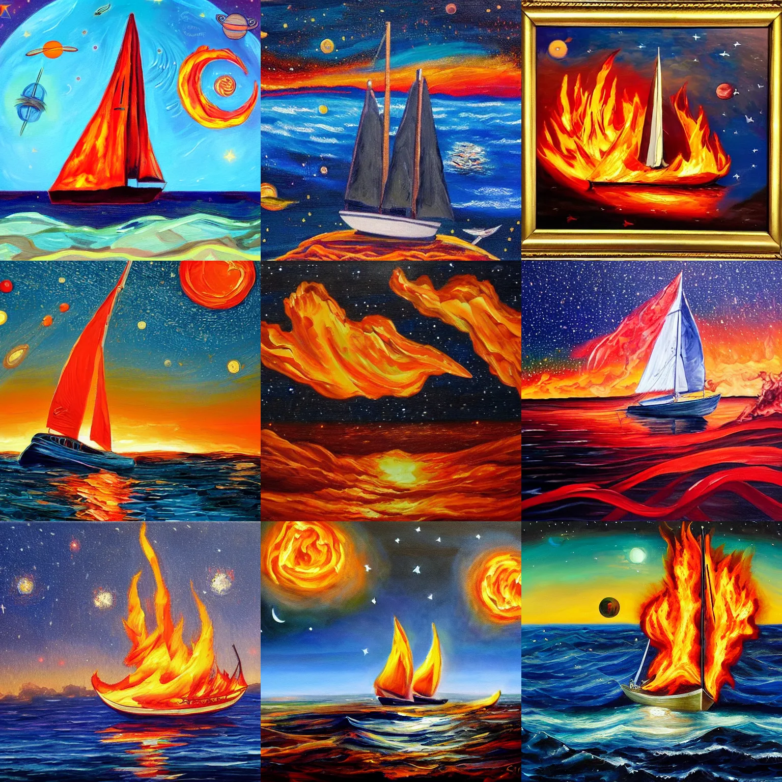 Prompt: A sailboat on a sea of fire, stars and planets in the background, oil painting, masterpiece,