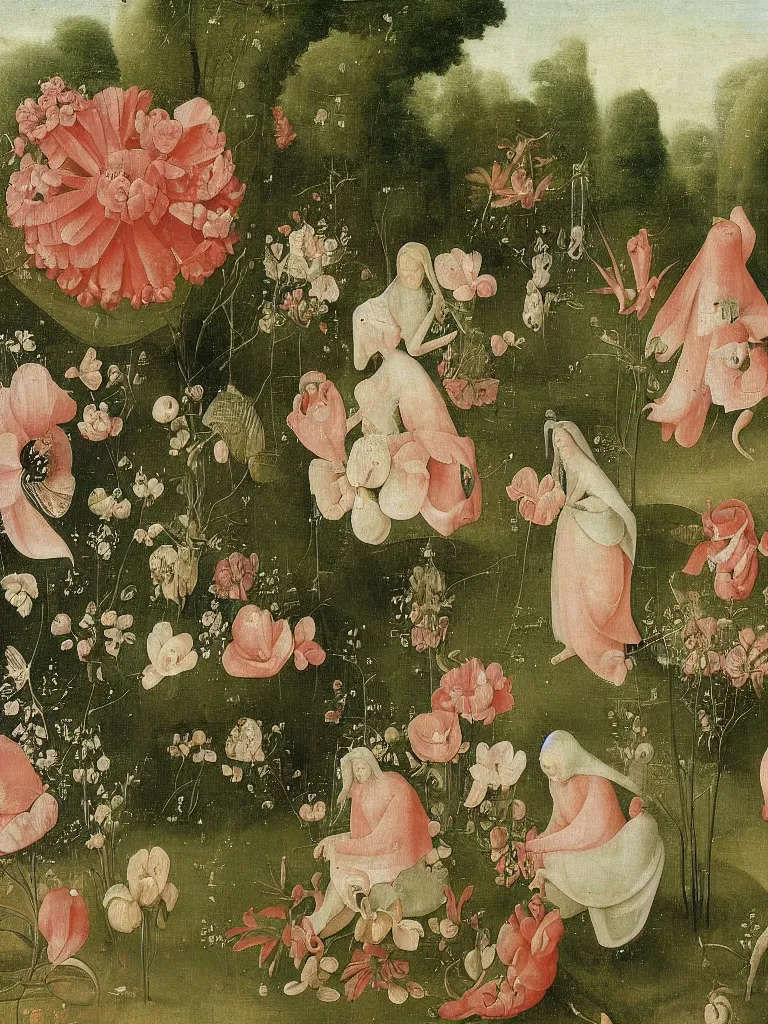 Image similar to beautiful large flowers in a garden, in the style of hieronymus bosch,