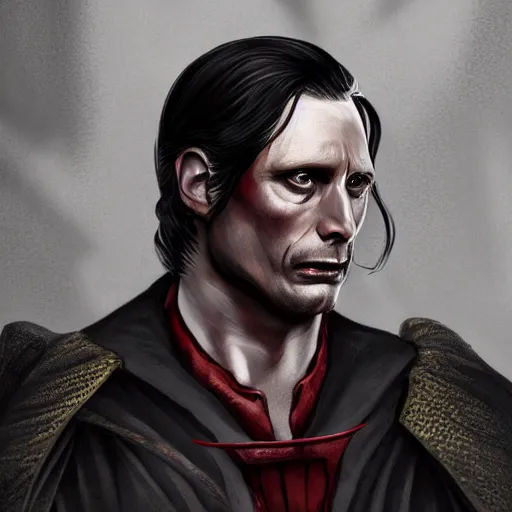 Image similar to mads mikkelsen as a vampire, male, late - 4 0 s aged, shoulder length hair, slicked black hair, red eyes, clean shaven, wearing a cape, regal, royal, grim facial expression, high medieval fantasy, full color digital art, concept art, wide shot.