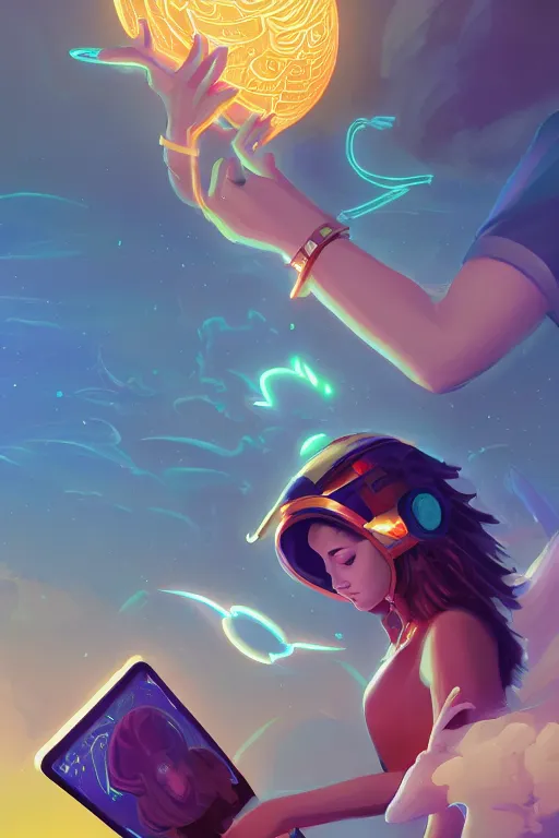 Image similar to the handsome god hermes, wearing winged helmet, handing huge glowing laptop computer to a modern woman, digital painting bioluminance alena aenami artworks in 4 k design by lois van baarle by sung choi by john kirby artgerm style pascal blanche and magali villeneuve