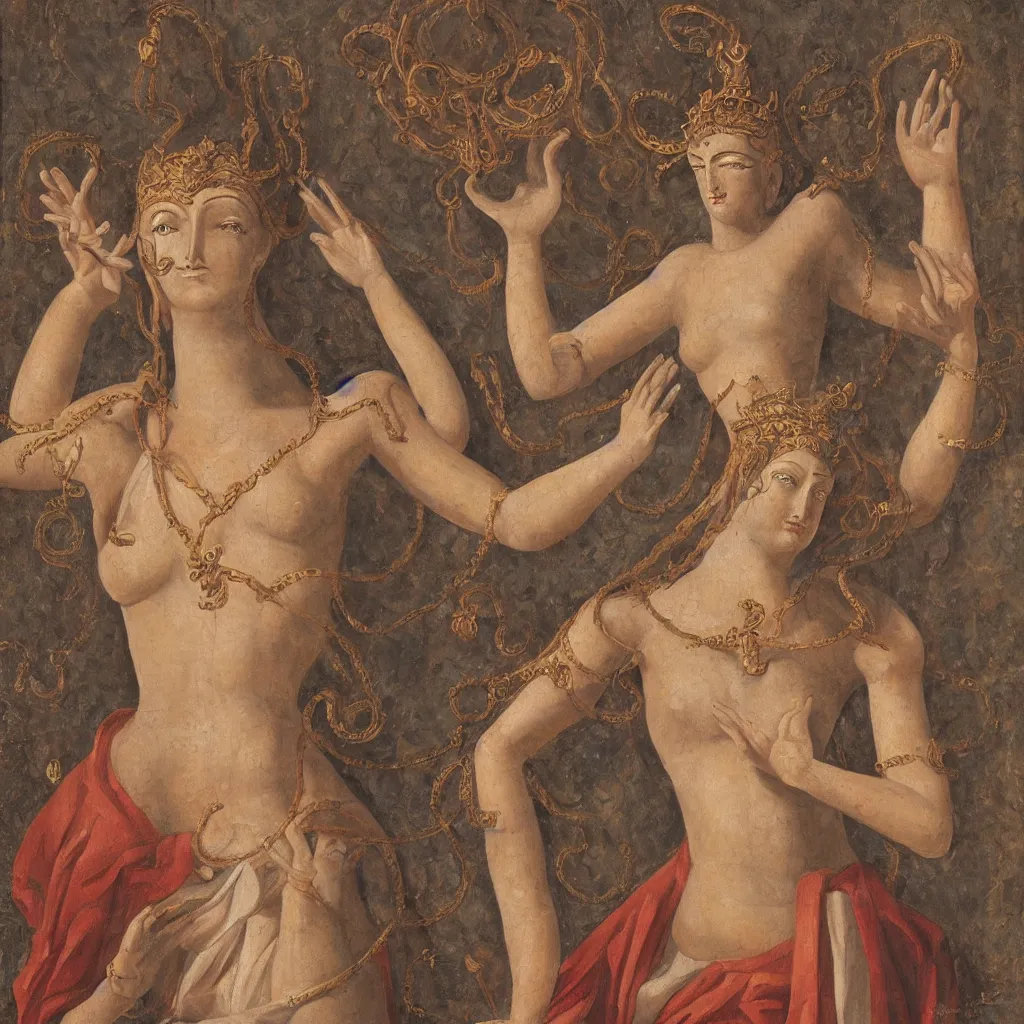 Image similar to young woman deity with multiple arms, highly detailed, oil painting