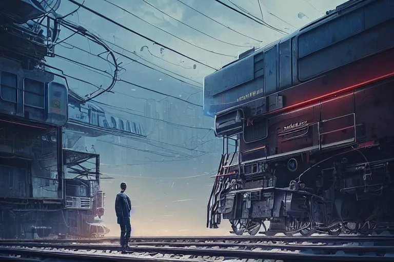 Image similar to a man standing in front of a train on a train track, cyberpunk art by mike winkelmann, trending on cgsociety, retrofuturism, reimagined by industrial light and magic, darksynth, sci - fi