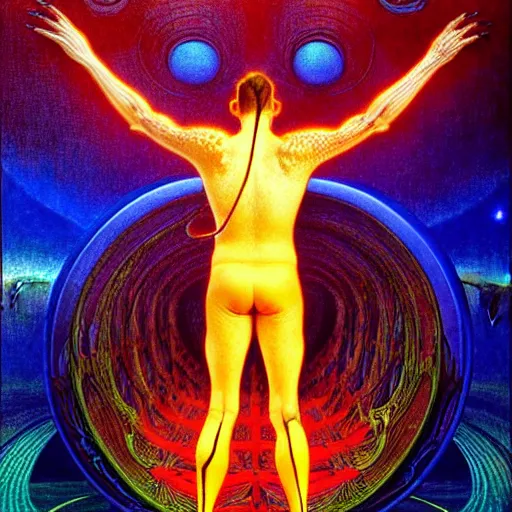 Image similar to realistic extremely detailed portrait painting of a glowing male silhouette, futuristic sci-fi landscape on background by Jean Delville, Amano, Yves Tanguy, Alphonse Mucha, Ernst Haeckel, Edward Robert Hughes, Roger Dean, rich moody colours, blue eyes