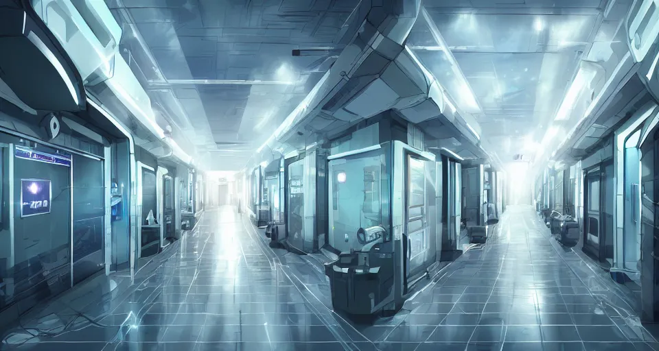 Image similar to Sci-fi wallpaper of a futuristic hospital corridor, close-up view, point-and-click adventure game, cinematic, concept art