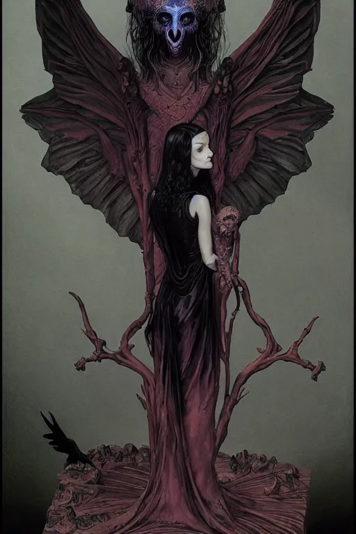Prompt: raven perched on a bust of beautiful woman in a dark gothic room gothic, full frame, by wayne barlowe, peter mohrbacher, kelly mckernan, james o barr, 8 k, dark fantasy