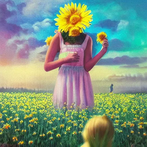 Image similar to daisy flower for a face, portrait of girl in flower field, holding daisy, surreal photography, sunrise, impressionist painting, colorful clouds, digital painting, artstation, simon stalenhag, flower face