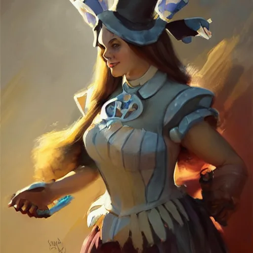 Image similar to greg manchess portrait painting of partially armored alice from alice in wonderland as overwatch character, medium shot, asymmetrical, profile picture, organic painting, sunny day, matte painting, bold shapes, hard edges, street art, trending on artstation, by huang guangjian, gil elvgren, ruan jia, randy vargas, greg rutkowski