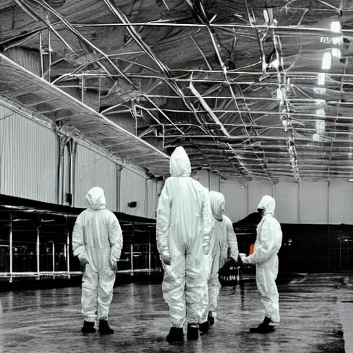 Prompt: spooky alien ship inside a hanger, old photo, vintage photo, grainy, realistic, real photo, men in hazmat suits standing around