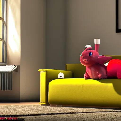 Image similar to Pikachu taking a bong rip on the couch, unreal engine 5, octane render, cgsociety, living room interior, soft lighting, ray tracing,