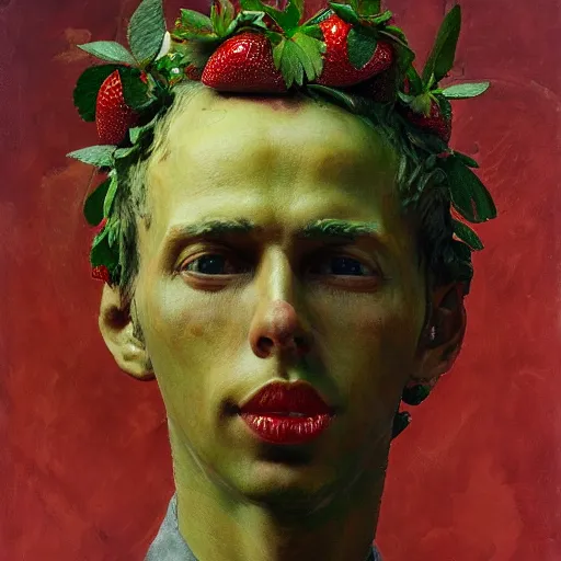 Image similar to a sculpture portrait made of candys and strawberries and melted chocolate and plants, painting part by wojciech siudmak, part by ilya repin, part by max ernst, part by norman rockwell, artstation