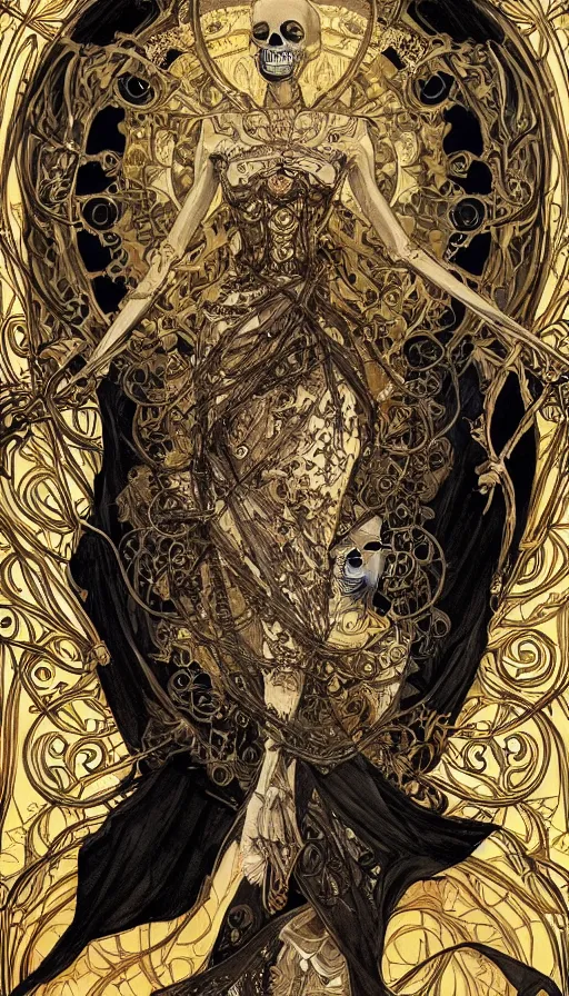 Image similar to a skeleton in a black cloak, highly detailed, very intricate, art nouveau, gold filigree, left right symmetry, tarot concept art watercolor illustration by mandy jurgens and alphonse mucha and alena aenami, featured on artstation