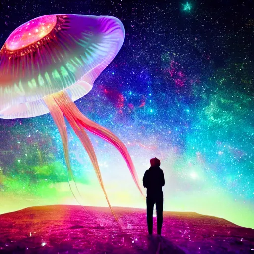 Image similar to over the shoulder photo of a man watching a magic glowing jellyfish in glowing cosmic stardust, colorful stars, galaxies, space, award winning photo, intricate, high detail, atmospheric, desolate