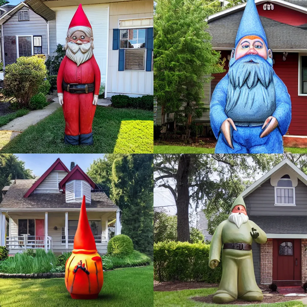 Prompt: a house with a 6 - foot - tall gnome in the front yard