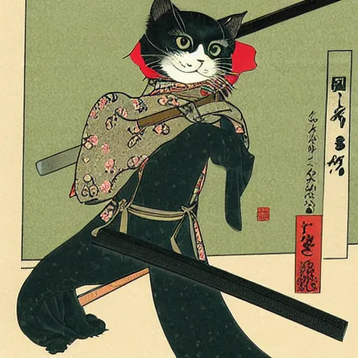 Prompt: illustration of japan cat with katana by takato yamamoto, by yoshitoshi abe, by makoto shinkai