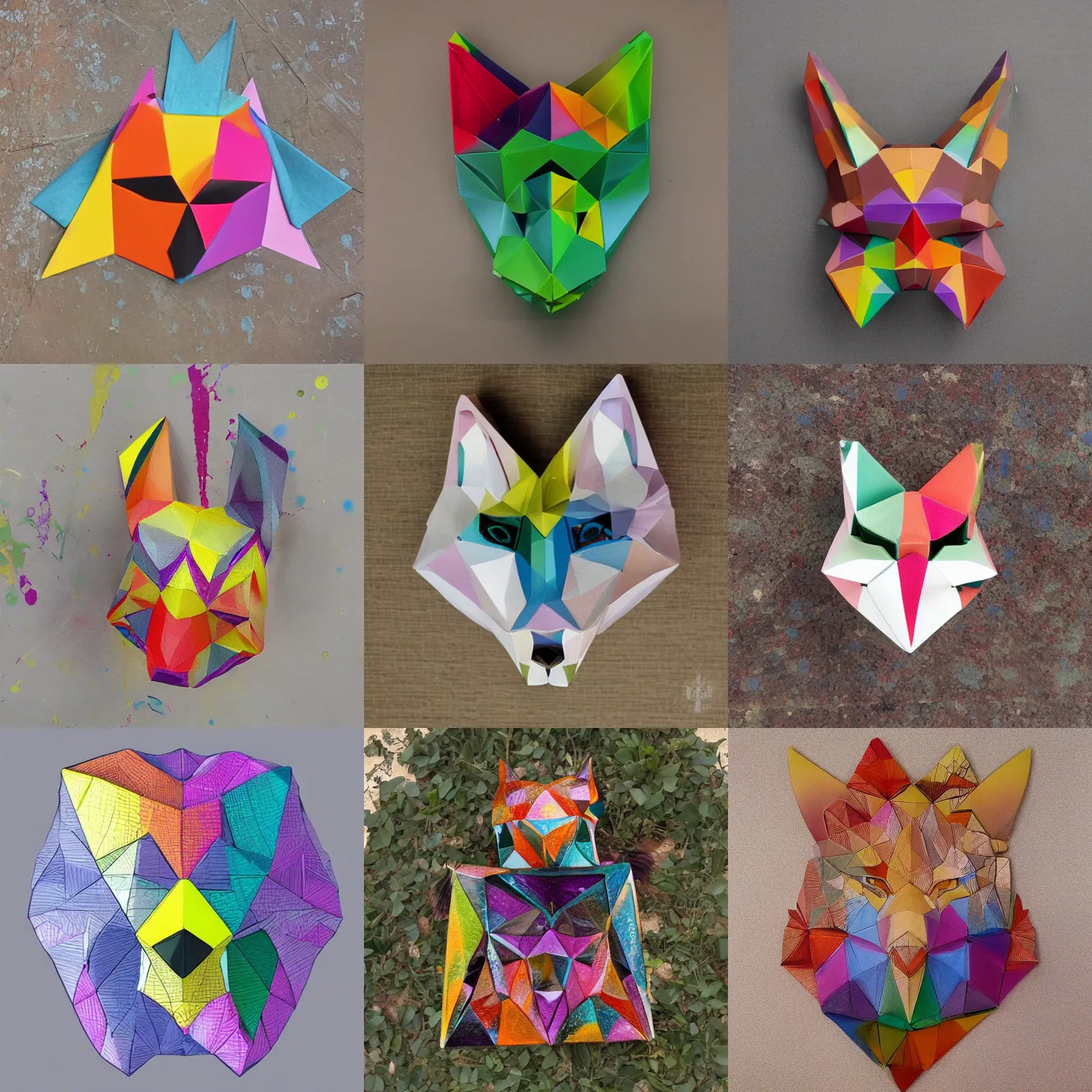 Prompt: rainbow geometric origami fox face angry princess