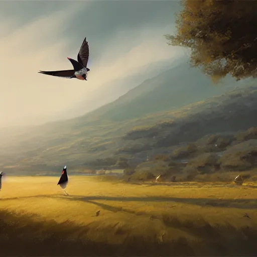 Prompt: spanish swallow birds flying in avila, golondrinas, green fields, dawn, summer season, 4 k, midday light, concept art, by wlop, ilya kuvshinov, artgerm, krenz cushart, greg rutkowski, pixiv. cinematic dramatic atmosphere, sharp focus, volumetric lighting, cinematic lighting, studio quality