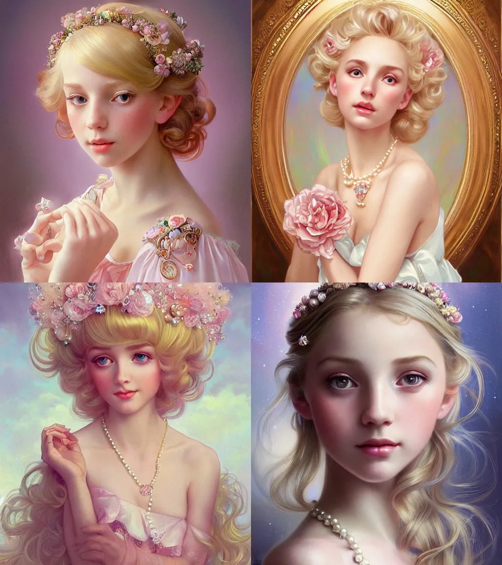 Prompt: portrait of magical young blonde girl wearing pearls, dreamy and ethereal, blush pink accents, peaceful expression, ornate frilly dress, fantasy, intricate, elegant, rainbow crystals, highly detailed, digital painting, artstation, concept art, smooth, sharp focus, illustration, art by artgerm and mark ryden and alphonse mucha