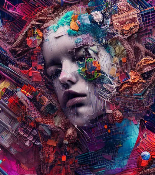 Prompt: continually torn apart by dariusz zawadzki, kenneth blom, james jean, pablo amaringo, naudline pierre, intricate, contemporary art, glitch, hyper detailed, rendered in octane