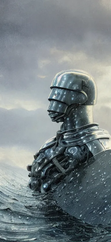 Image similar to suit of armor made of water, water armor, norway fjord, medium close up portrait, hudson river school, max rive, water armor, studio lighting, stormy seas, beautiful, bokeh, snowy, storm clouds, god rays, d & d, fantasy, elegant, low key color palette, concept art, roger deakins and greg rutkowski and alphonse mucha