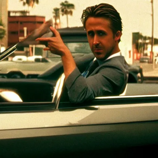 Prompt: ryan gosling driving a mustang, in american psycho ( 1 9 9 9 )