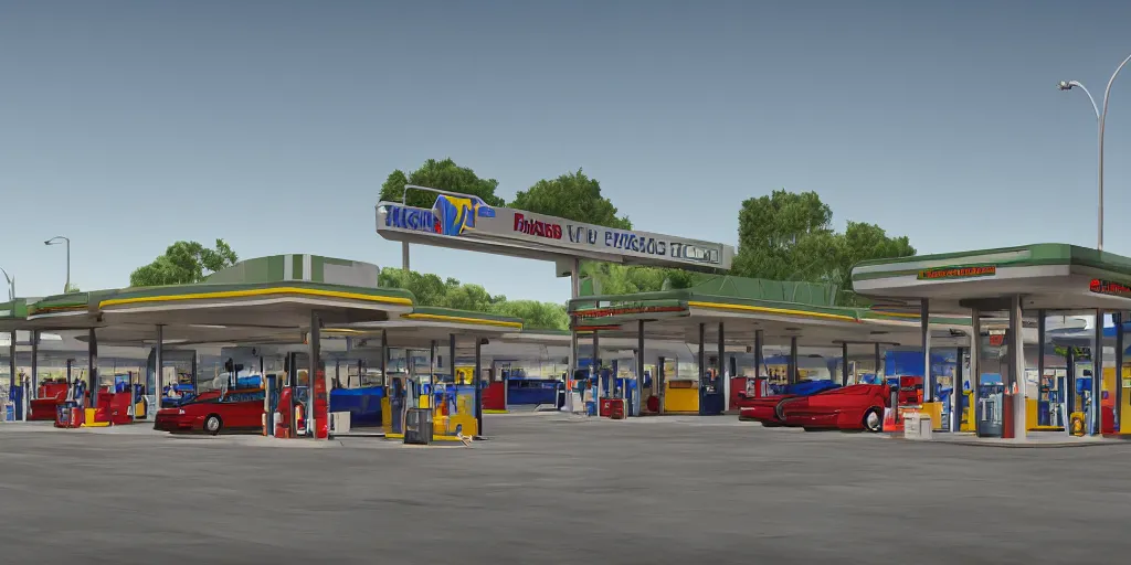 Image similar to a gas station and a parking lot in california, david febland, artstation, matte painting