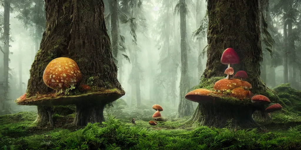 Image similar to Photo by Filip Hodas of the cinematic view of the Forest of the Giants, a troll is eating a giant mushroom, photorealism, photo taken with canon 5D