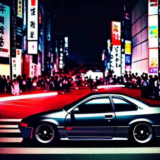 Image similar to a car Nissan Silvia at illegal car meet, Shibuya prefecture, city sunset, cinematic color, photorealistic, highly detailed, 200MM