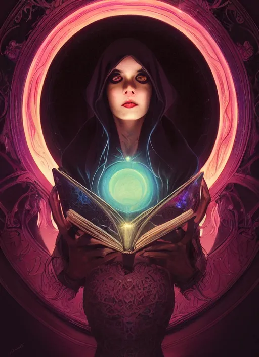 Image similar to book cover, front portrait, dark witch with black hood and evil eyes, realism, soft, smooth, luminescent, art nouveau tarot, backlit glow, colorful swirly ripples, gaudy colors, aesthetic octane render, unreal engine, 8 k, by artgerm, greg rutkowski, alphonse mucha