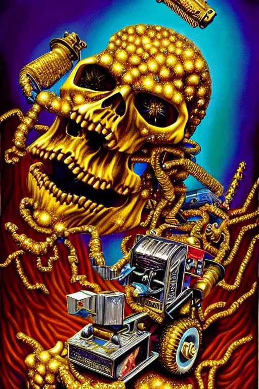 Image similar to a hyperrealistic painting of a ornate jewel embellished gold death machine spewing chunks out of a wood chipper, cinematic horror by chris cunningham, lisa frank, richard corben, highly detailed, vivid color,