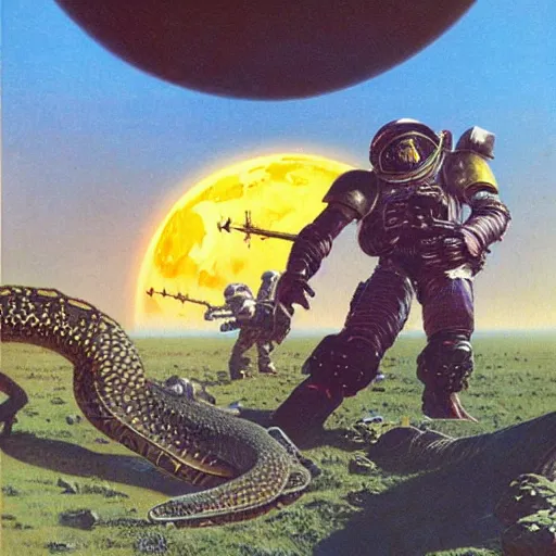 Prompt: space marines vs giant snakes, crater moon, vintage sci - fi art, by bruce pennington