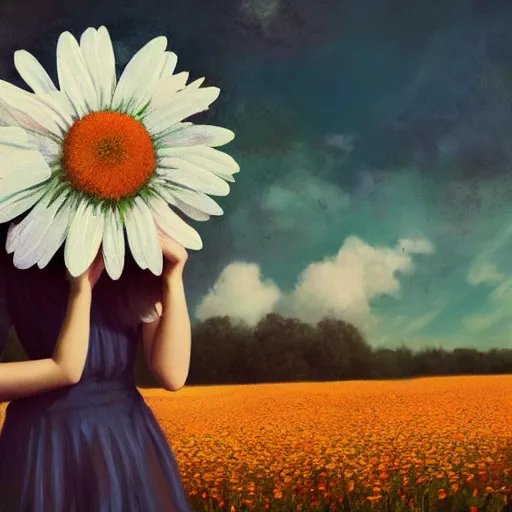 Image similar to giant daisy flower for a head, portrait of girl in flower field, holding daisy, surreal photography, sunrise, impressionist painting, colorful clouds, digital painting, artstation, simon stalenhag, flower face