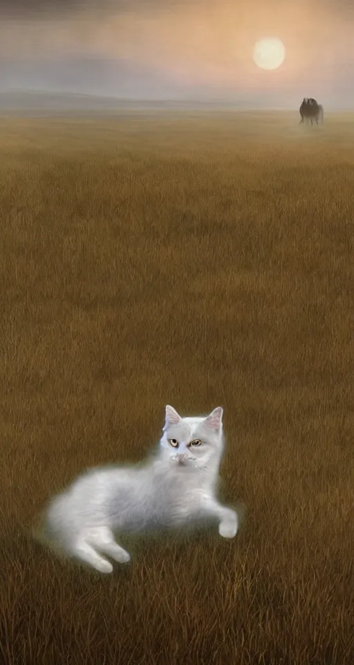 Image similar to a realistic transparent!!! ghostly cat in the steppe, summer field, misty background, from the game pathologic 2, highly detailed, sharp focus, matte painting, by franz snyders, by frans snijders, isaac levitan and asher brown durand,