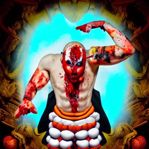 Image similar to 4K headshot of godlike clown with clown nose and defined arms and open hands and bloody clothes with giant mandala wings , intricate runny clown face make-up , flawless anime cel animation by Kentaro Miura, psychedelic , highly detailed upper body , professionally post-processed , beautiful, scary, symmetry accurate features, epic, octane rendered, anime masterpiece, accurate