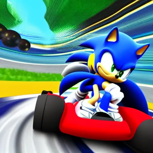 Image similar to sonic the hedgehog racing a go kart in space