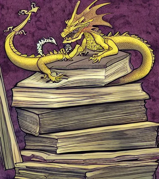 Prompt: A dragon sleeping on a huge pile of books, by Jody A Lee.