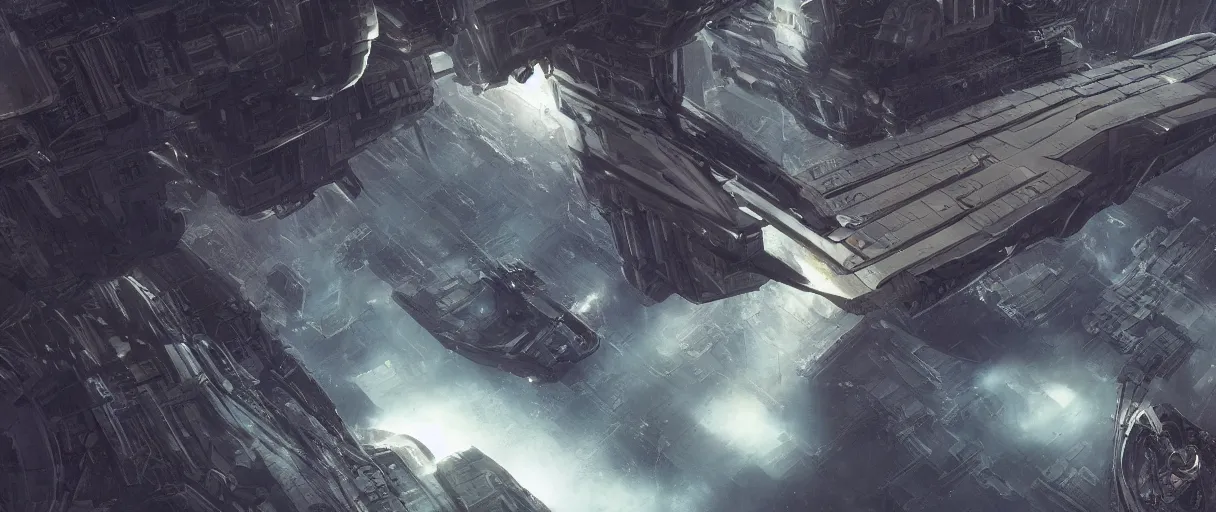 Image similar to concept art, a single and huge generation ship, a spaceship traveling to new worlds, deep space exploration, the expanse tv series, industrial design, dynamic angle, high energy and motion, spatial phenomena, cinematic lighting, 4k, greebles, widescreen, wide angle, beksinski, sharp and blocky shapes