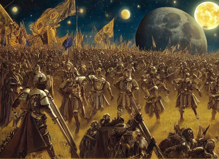 Image similar to beautiful as the moon, terrible as an army with banners. art by james c. christensen and james gurney