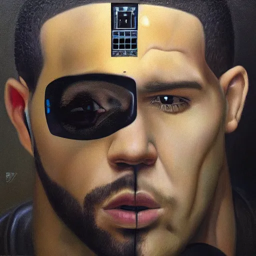 Prompt: a realistic oil painting of drake as a cybernetic cyborg, surrealism portrait, surrealism album cover