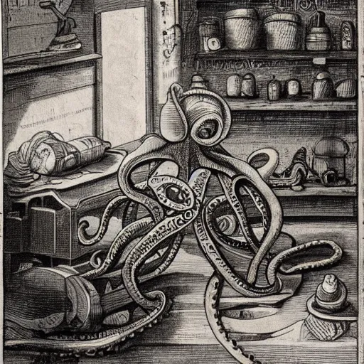 Prompt: a realistic octopus in a car repair shop, engraving, ink, 1 7 th century