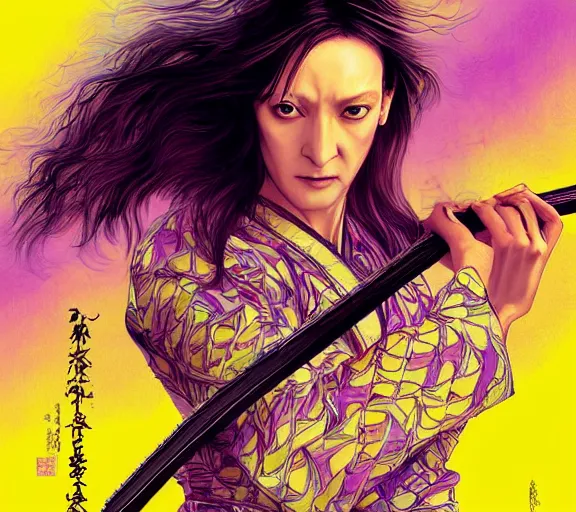 Image similar to breathtaking detailed pattern pastel colors, cinematic action scene from kill bill, with uma thurman in yellow kimono, swinging katana sword by wlop and artgerm, exquisite detail, enhanced eye detail