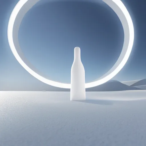 Image similar to perfume bottle standing on a white zen clean modern minimalist white counter in front of large circular portal with mountain view, frozen and covered in ice, by peter tarka and zaha hadid octane highly render, 4 k, ultra hd,