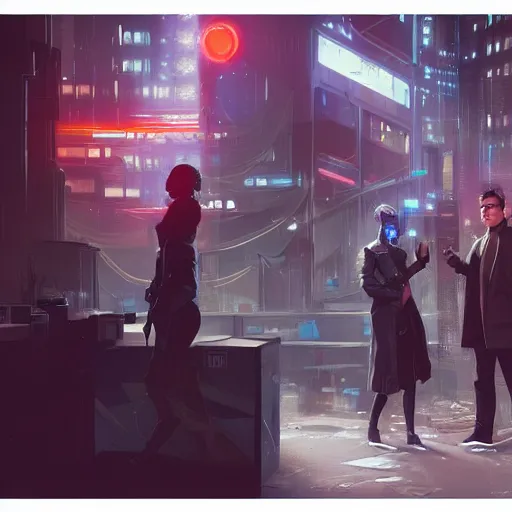 Image similar to two people arguing, detailed digital illustration by greg rutkowski, cyberpunk back alley, android netrunner