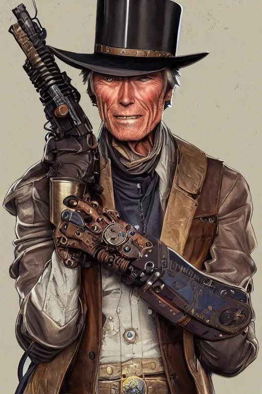 Image similar to clint eastwood as a steampunk cyborg gunslinger, portrait, western, duster, fantasy, intricate, elegant, highly detailed, digital painting, artstation, concept art, sharp focus, illustration, style of studio ghibli, makoto shinkai, raphael lacoste, louis comfort tiffany, artgerm, james jean, ross tran