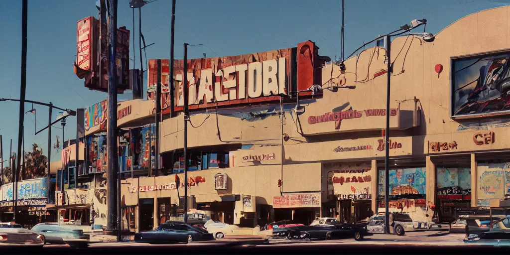 Prompt: realistic and cinematic views of of an Orwellian shopping center within Los Angeles, dystopia, extreme detail, contemporary art style, vibrant colors, realism, 35mm film grain